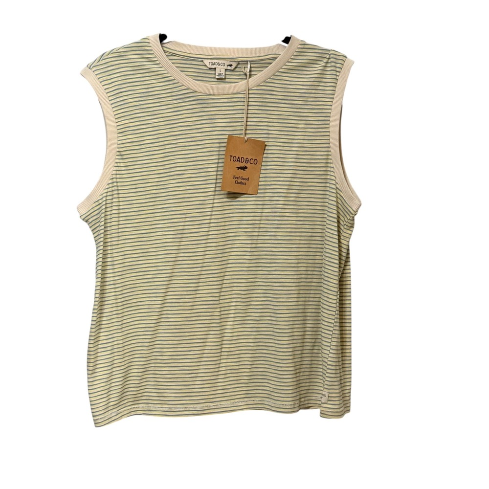 Toad&Co Womens Large Striped Muscle Tank Top Organic Cotton Yellow Blue NWT